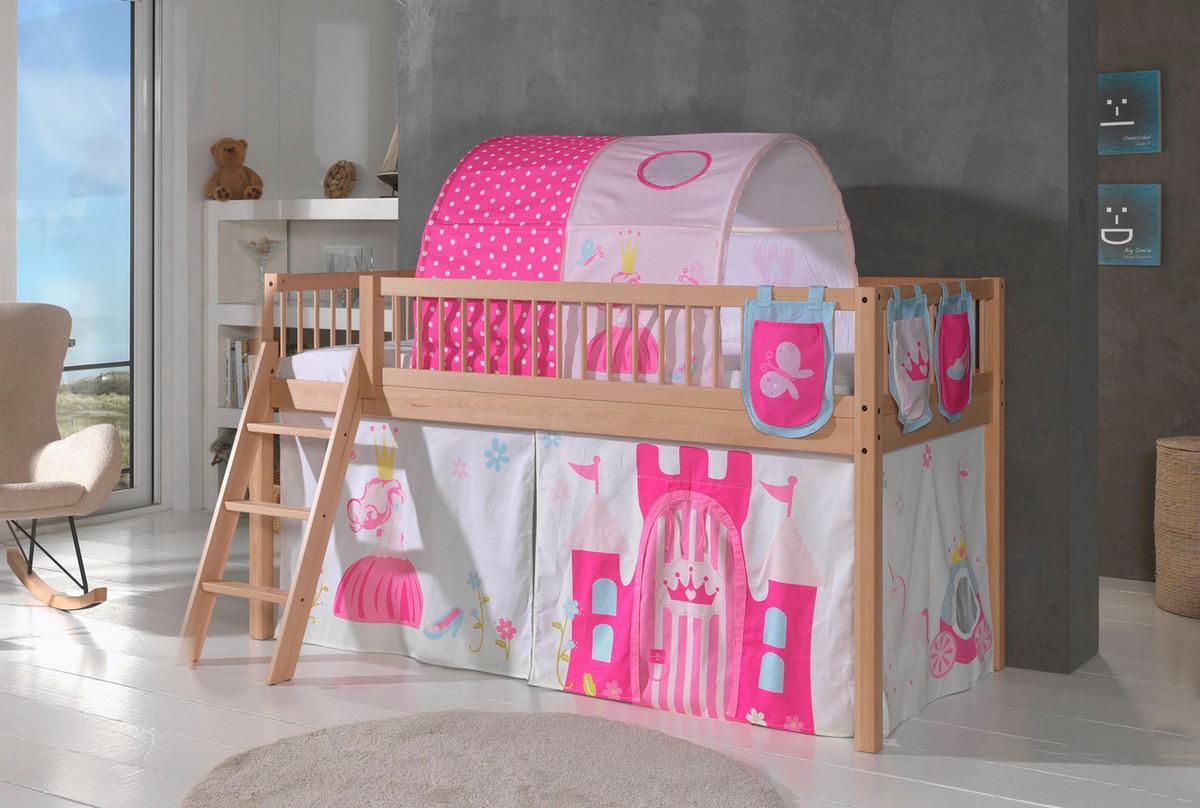HALBHOHES BETT Kelci 90x200 Textilset Princess mit Tunnel Buche massiv - Buchefarben, Holz (90/200cm) - 58aufmkessel