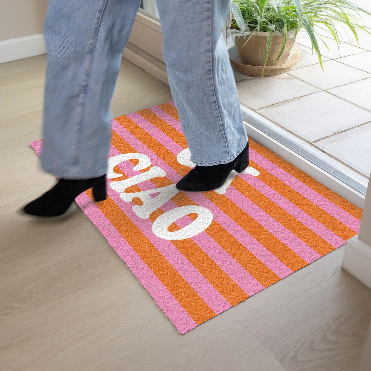FUSSMATTE Ciao - Zitat - Streifen Sauberlaufmatte 90x60 cm - Orange, Kunststoff (90/0.4cm) - MuchoWow