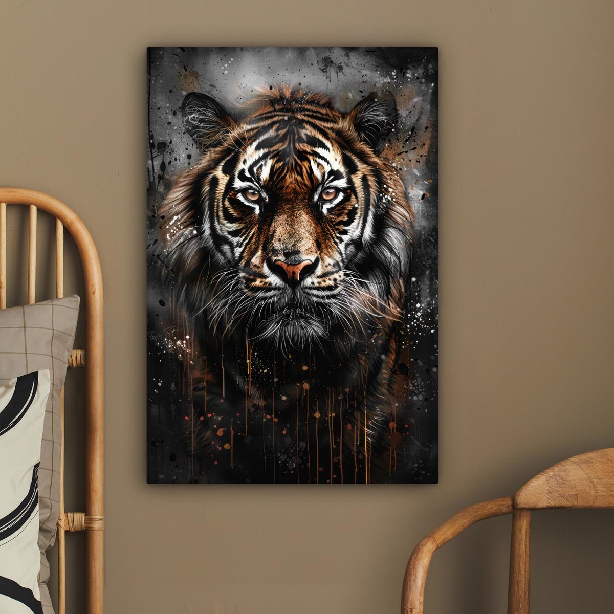 LEINWANDBILD Tiger - Tiere - Porträt - Luxus - Schwarz Wanddeko 40x60 cm - Anthrazit, Textil (40/60cm) - MuchoWow