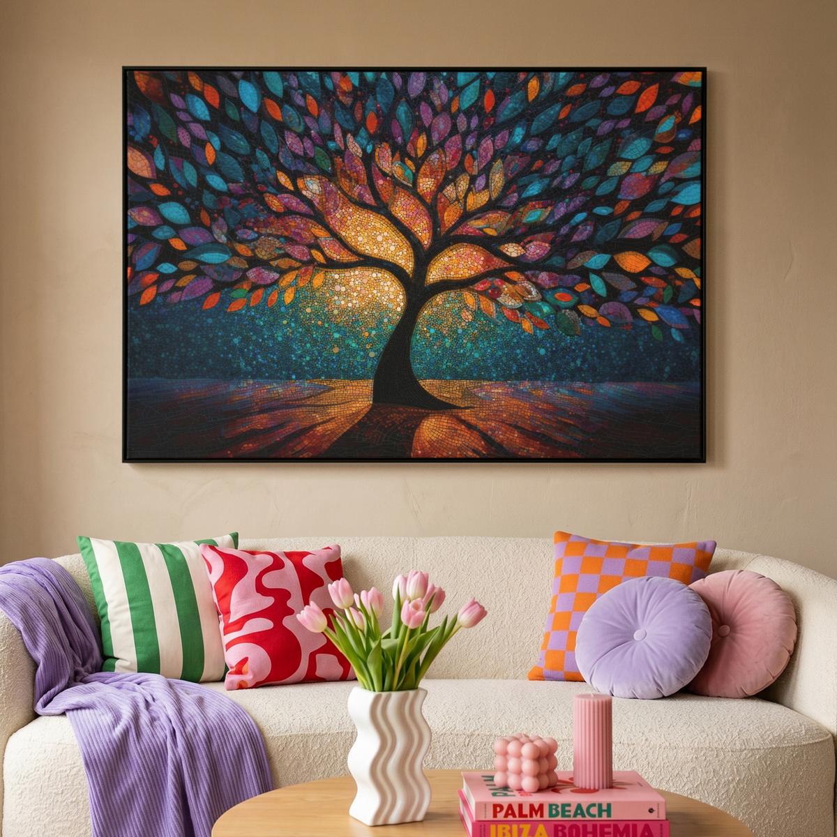 LEINWAND Bilder mit Rahmen - Mosaik - Bunt - Baum - Äste - 120x80 - Multicolor, Textil (120/80cm) - MuchoWow