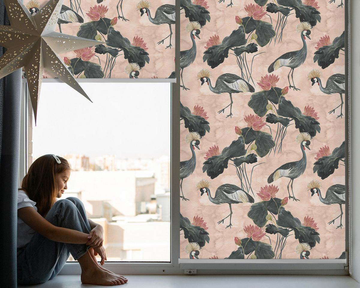 INNENROLLO - Fensterrollo - Rollo - 80x140 cm - Reiher auf rosa Hintergrund - Schwarz, Kunststoff (80/140/0.5cm) - TULUP