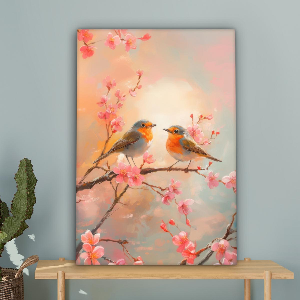 LEINWANDBILD Rotkehlchen - Zierpflanze - Blütenzweig Wanddeko 40x60 cm - Hellrosa, Textil (40/60cm) - MuchoWow
