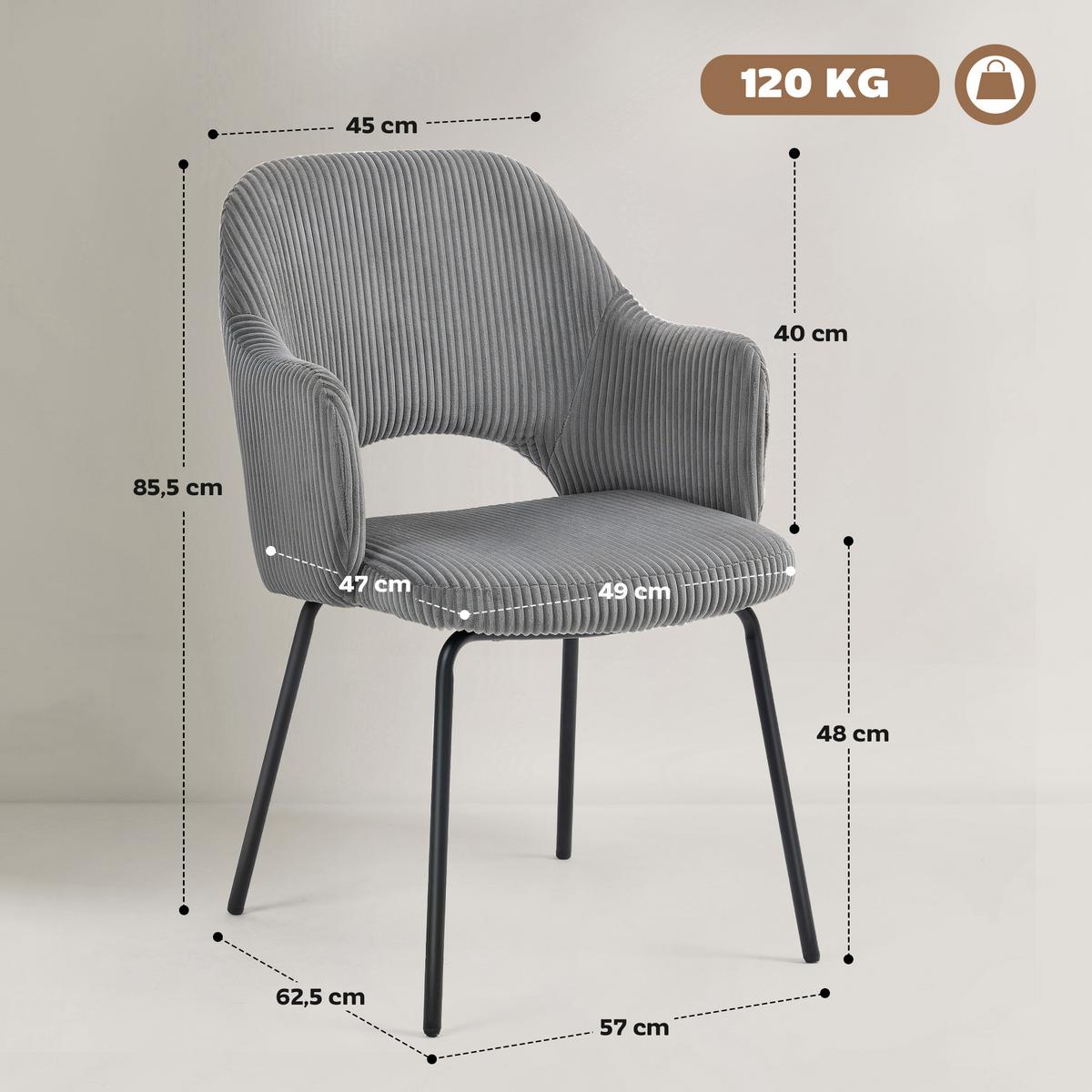 ESSZIMMERSTUHL mit Armlehne Rückenlehne gepolsterte Sitzfäche Grau - Schwarz/Grau, Textil/Metall (57/85.5/62.5cm) - HOMCOM