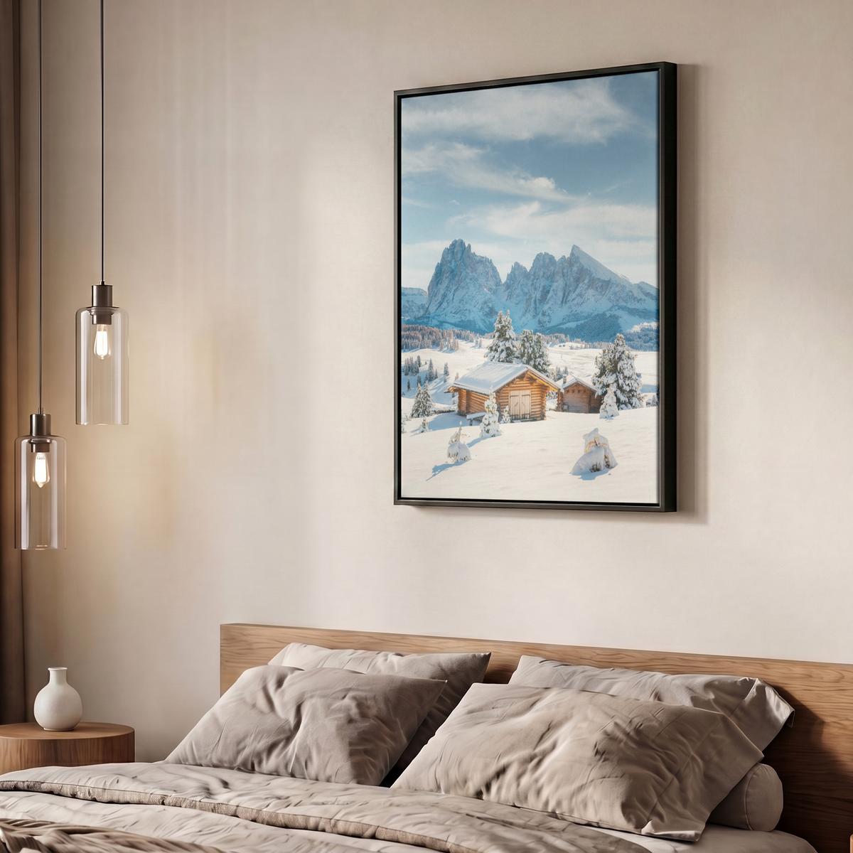 LEINWAND Bilder mit Rahmen - Winter - Hütte - Berge - Aussicht - Schnee - 60x80 - Eichefarben, Textil (60/80cm) - MuchoWow