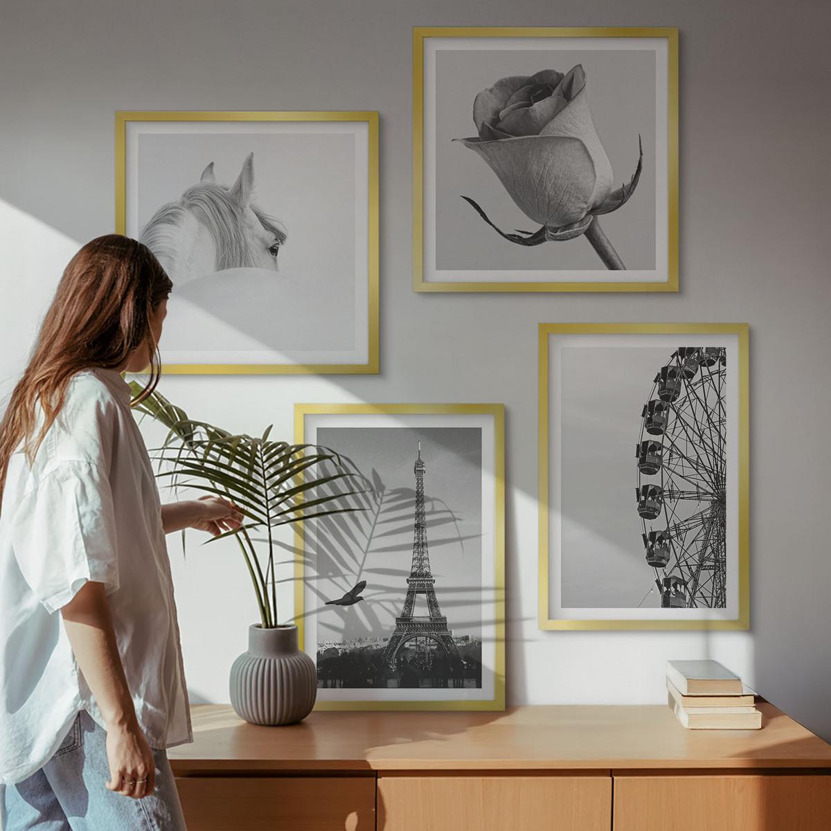 BILDER SET 4er Set - 50x50 cm & 40x60 cm Goldrahmen - Rose Eiffelturm Pferd Riesenrad S/W - Goldfarben, Kunststoff (50/50cm) - TULUP