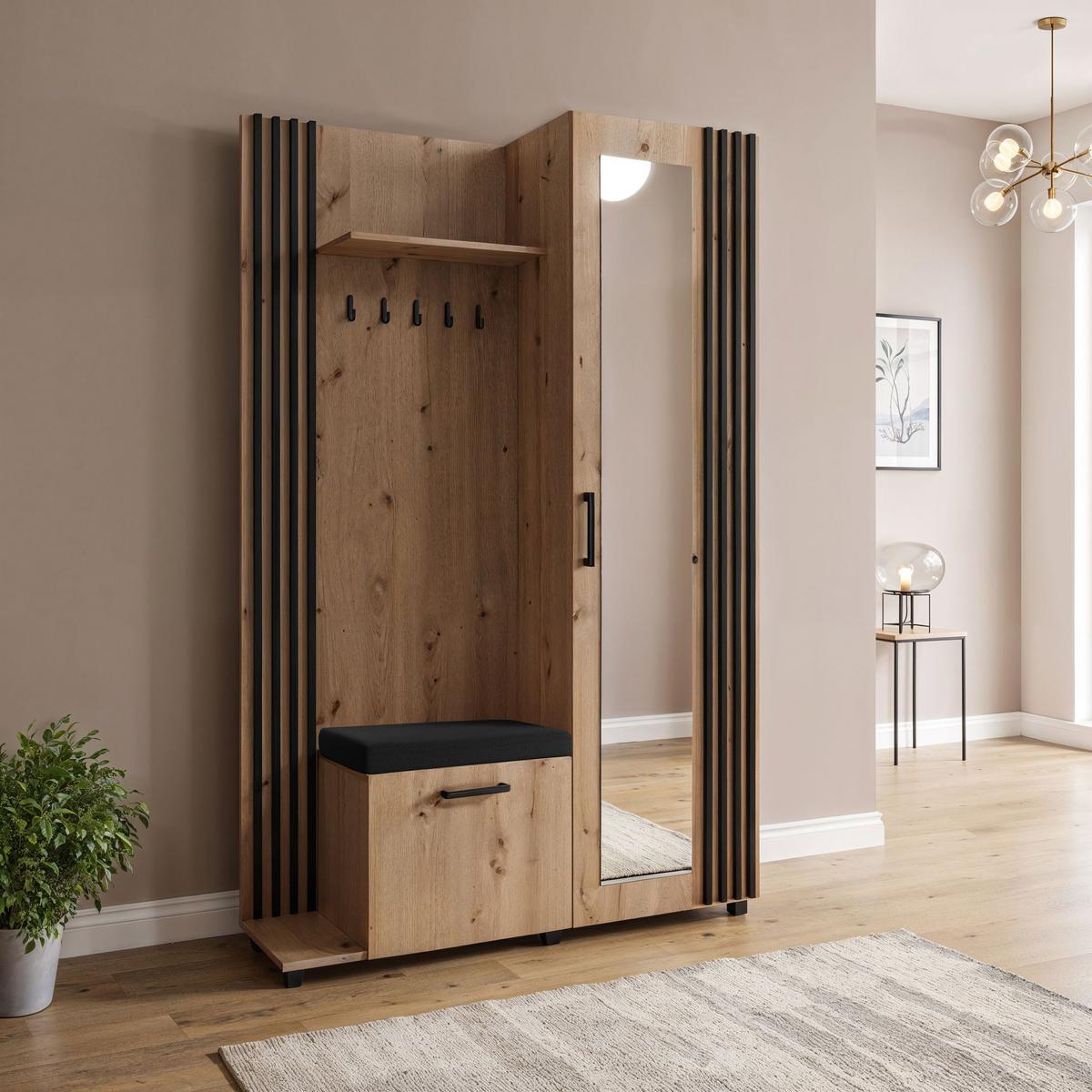 GARDEROBE Linaro mit Spiegel, Sitzbank in Lamellen-Optik 137/207/42 cm, Links - Schwarz/Eiche Artisan, Holzwerkstoff (137/207/42cm) - WFL GROUP