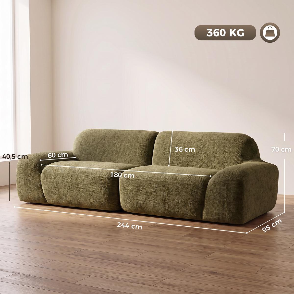3-SITZER-SOFA Chenille 100 Polyester Schaumstoff Cremeweiß - Dunkelgrün, Textil (95/70/244cm) - HOMCOM
