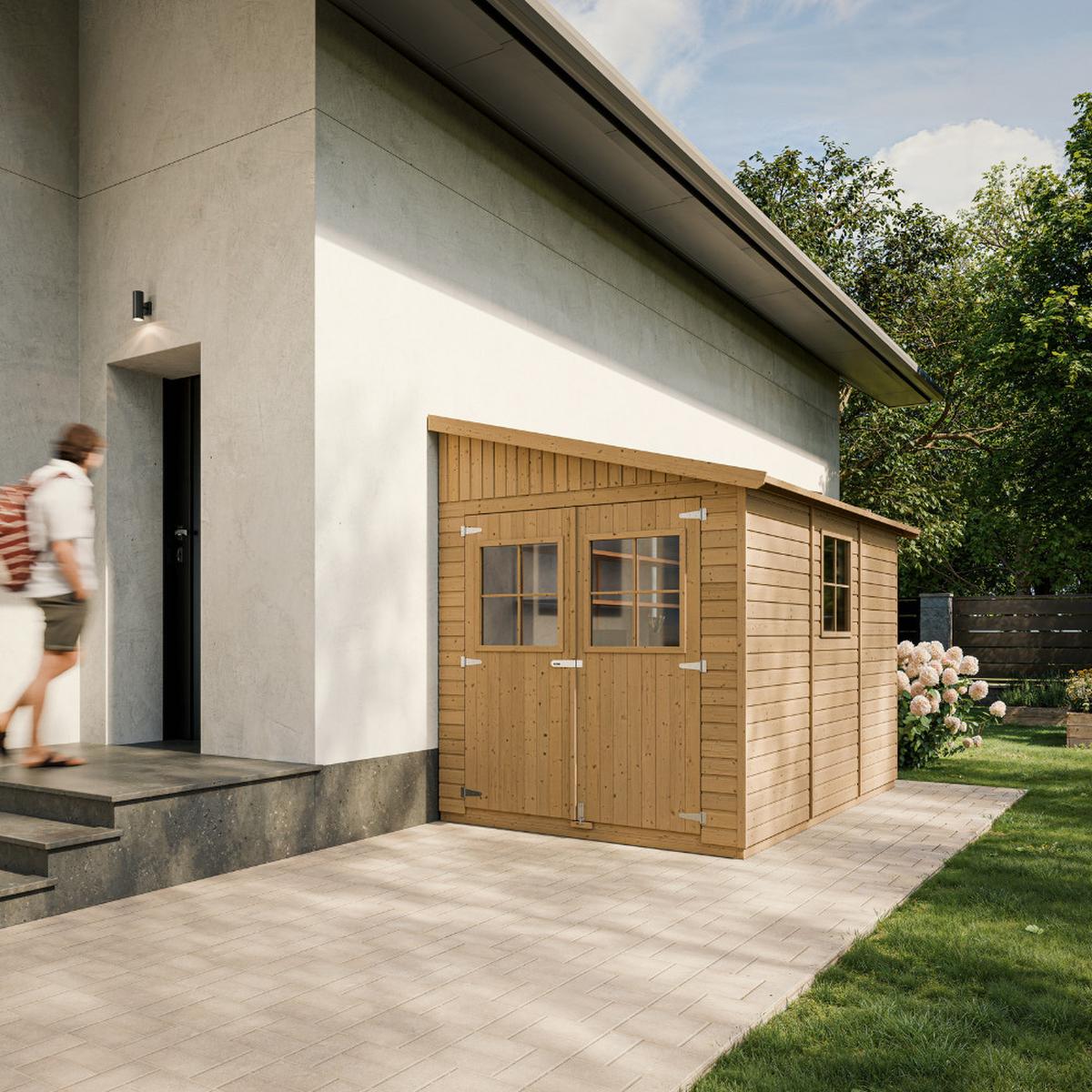 HOLZ-GARTENHAUS (mit Seitenwand) - H244x216x318 cm/6,2 m2 - M339A - Beige, Holz (218/245/297cm) - Timbela