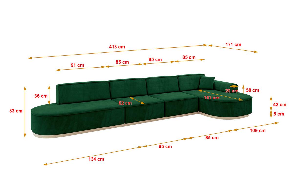 ECKSOFA Ottomane Rechts MARI-L3-v1 - 413x171x83 cm Dunkelgrün Velours - Dunkelgrün, Holzwerkstoff/Textil (171/413cm) - ALTDECOR