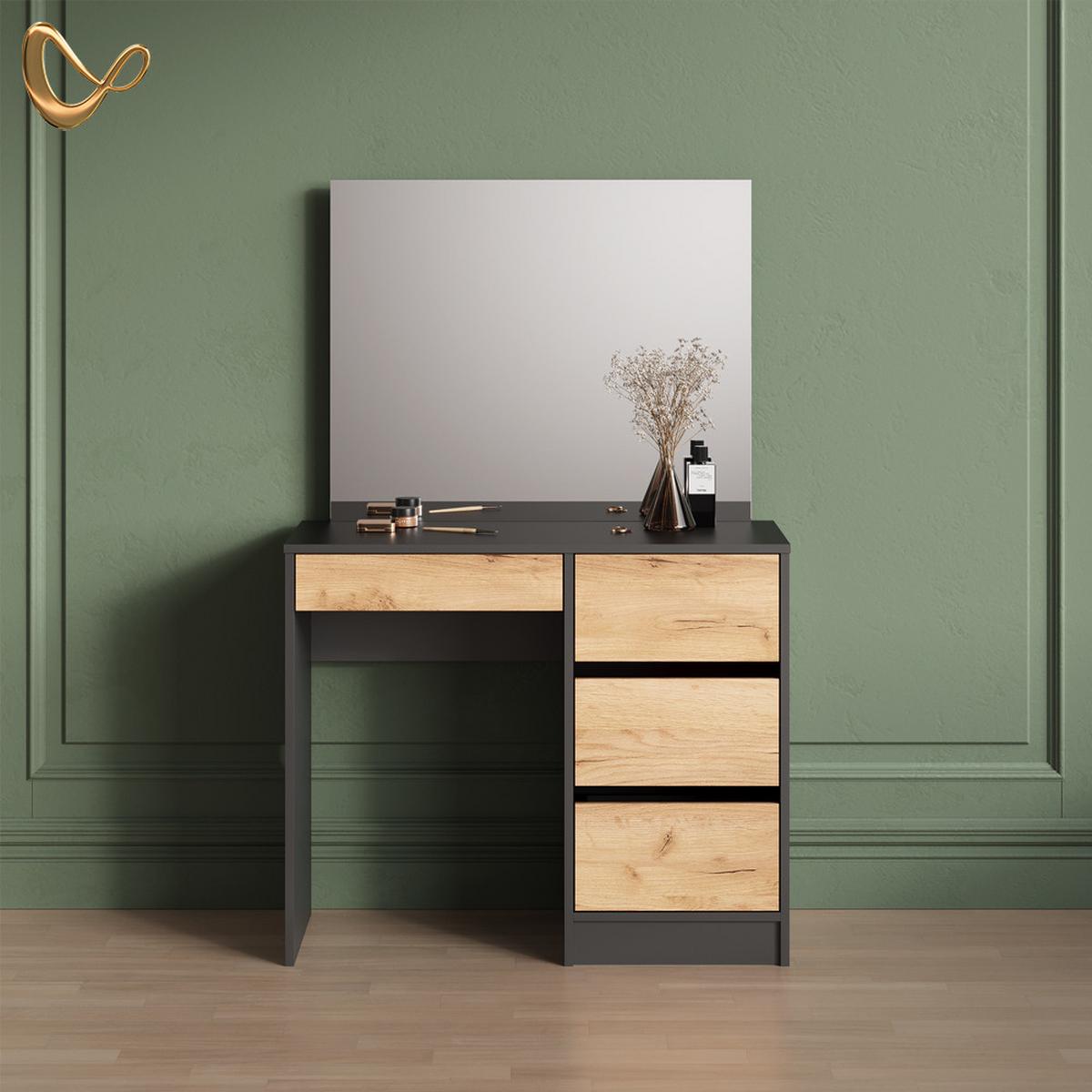 SCHMINKTISCH Imola Anthrazit/Goldkraft Eiche 90 cm - Honigeiche/Anthrazit, Holzwerkstoff (90/75/55cm) - Livinity®