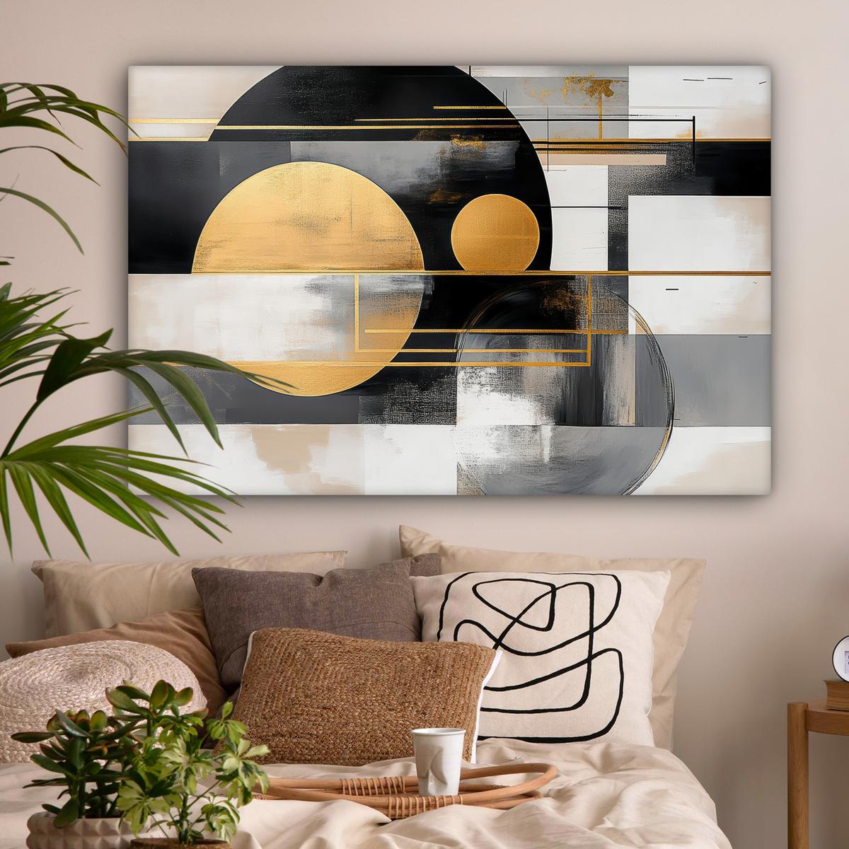 LEINWANDBILD Abstrakt - Gold - Silber - Formen - Ästhetisch - Modern Groß 140x90 cm - Goldfarben, Textil (140/90cm) - MuchoWow