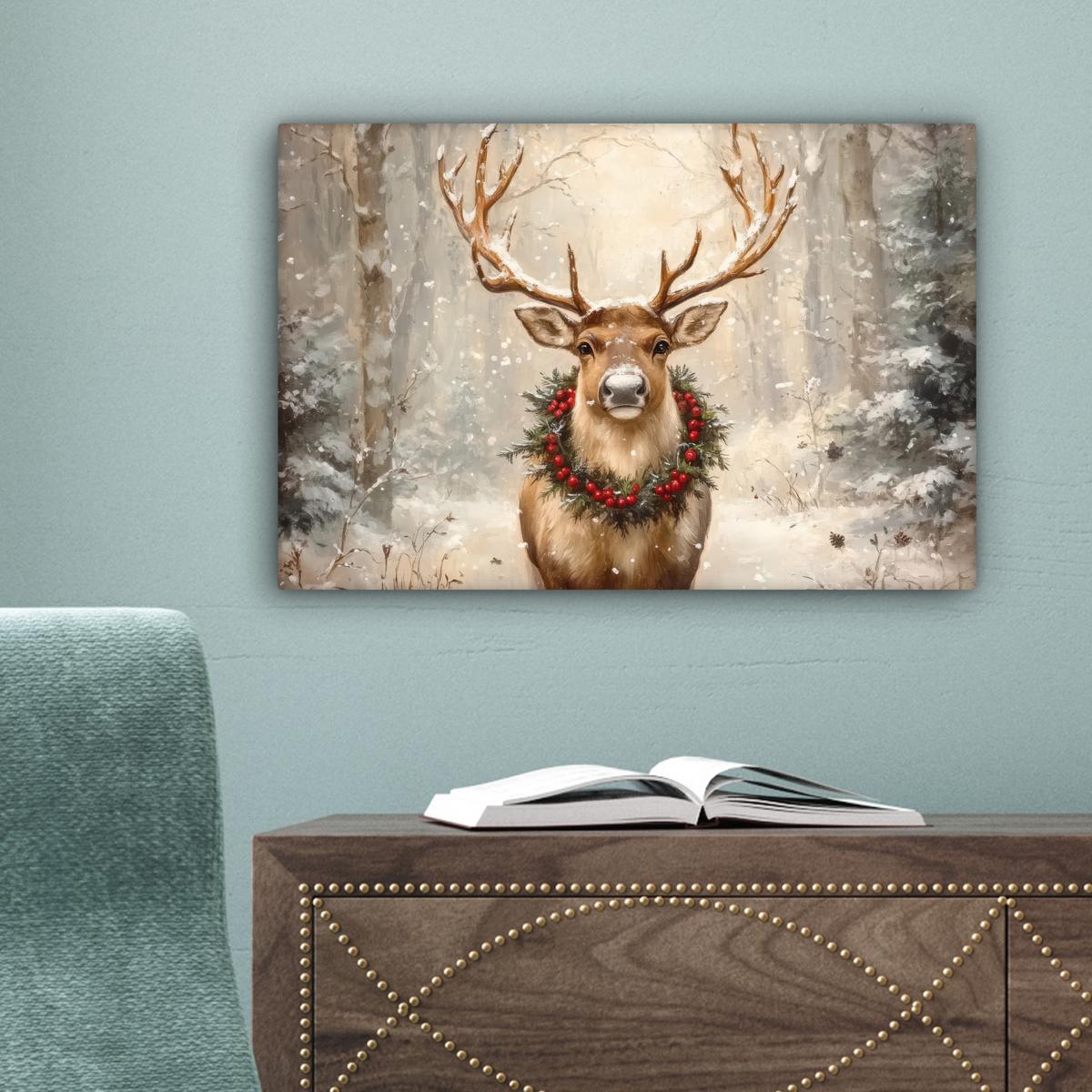 LEINWANDBILD Weihnachten - Rentier - Winter - Kranz Deko Schlafzimmer 30x20 cm - Naturfarben, Textil (30/20cm) - MuchoWow