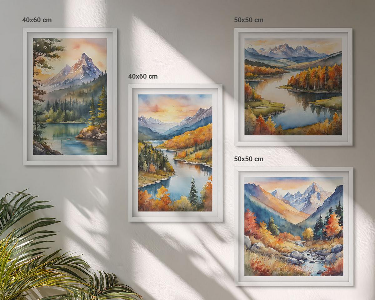 BILDER SET 4er Set - 50x50 cm & 40x60 cm Weißer Rahmen - Berglandschaften mit einem Fluss - Weiß, Kunststoff (50/50cm) - TULUP