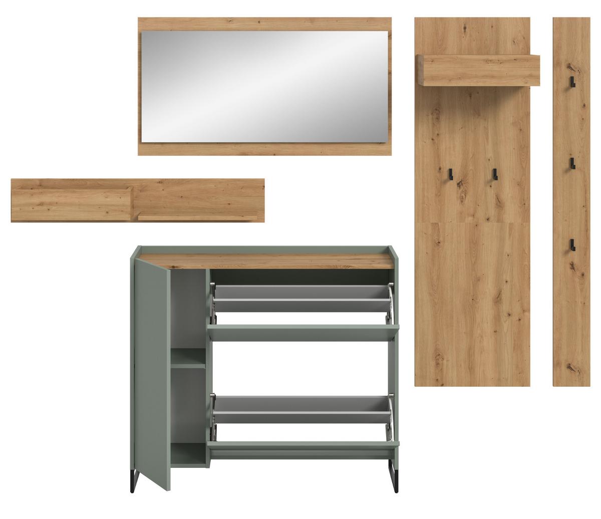 GARDEROBE-SET Salbei und Artisan Eiche, Garderobe 5-teilig, 236 x 192 cm, Soft-Close, Borga - Salbeigrün/Schwarz, Holzwerkstoff/Metall (236/192/32cm) - InnoFurn