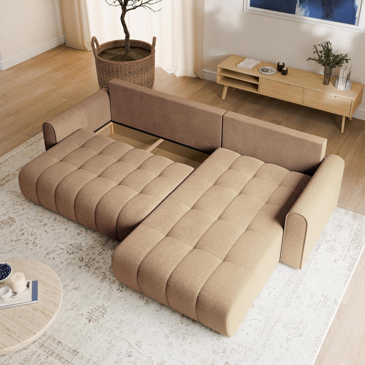 ECKSOFA FRIGA Beige Strukturstoff mit Schlaffunktion - Beige, Holz (283/185cm) - MASSENO