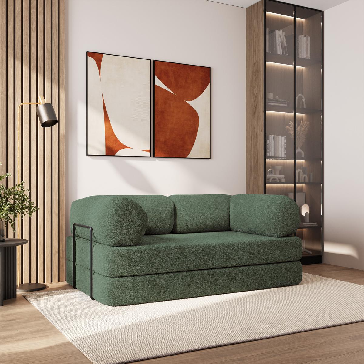 BETTSOFA EIREN aus Schaumstoff Bucle-Stoff Grün Schlaffunktion - Grün, Textil (170/68/80cm) - MASSENO