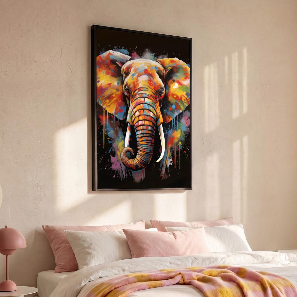 LEINWAND Bilder mit Rahmen - Elefant - Graffiti - Schwarz - Tiere - Farben - 90x140 - Schwarz, Textil (90/140cm) - MuchoWow