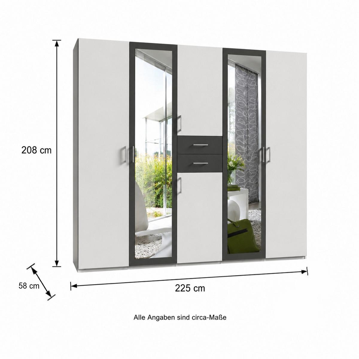 DREHTÜRENSCHRANK B225/H208/T58 cm, Weiß mit Absetzungen in Grafit, Kleiderschrank mit 2 Spiegeltüren & Schubkästen / 22590 - Silberfarben/Graphitfarben, Holzwerkstoff/Kunststoff (225/208/58cm) - luma-home