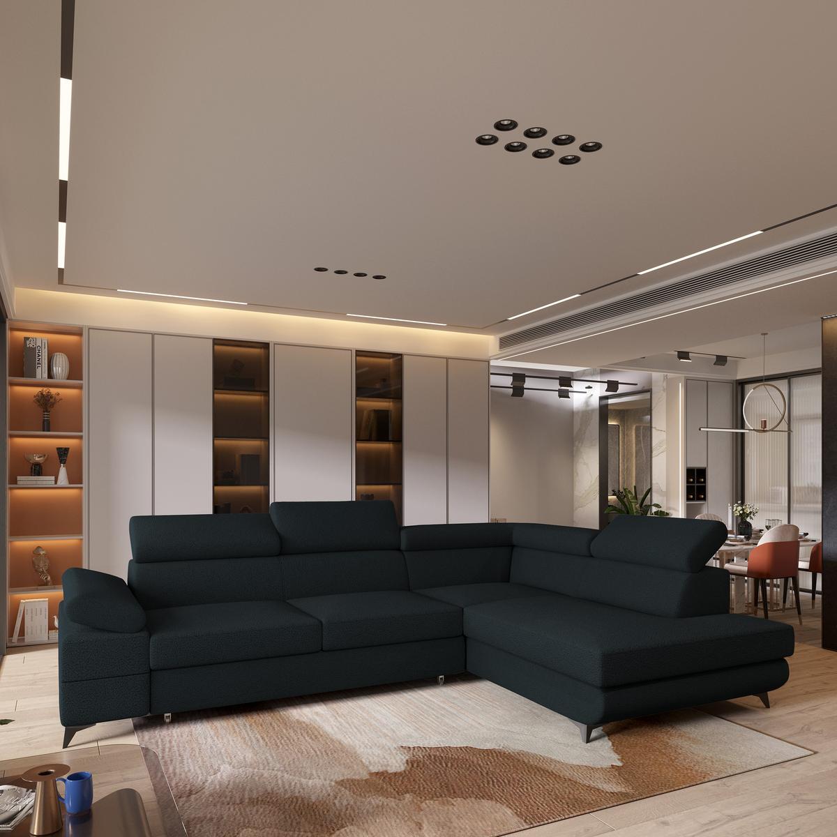 ECKSOFA FAVIEN R-S Schwarz Boucle-Stoff mit Schlaffunktion - Schwarz, Holz (257/190cm) - MASSENO