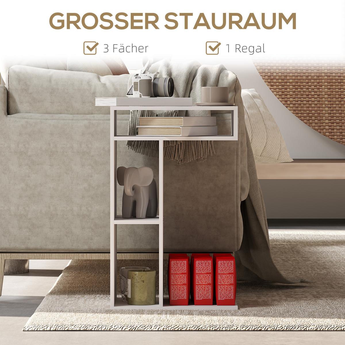 BEISTELLTISCH Couchtisch mit Rollen, Schreibtisch mit 4 Regalen, Sofatisch Weiß - Weiß, Holzwerkstoff (40/30/69cm) - HOMCOM