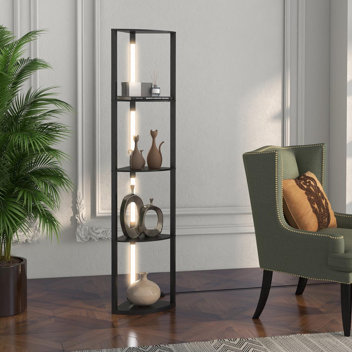 STEHLAMPE, LED 24 W Stehleuchte mit 4 Ablagen, E27 Sockel, für Wohnzimmer - Schwarz, Holzwerkstoff (41/29.5/163.5cm) - HOMCOM