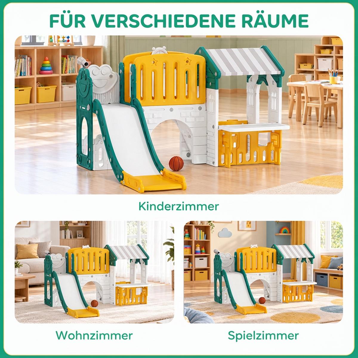 KINDERRUTSCHE 7 in 1 mit Klettergerüst, Basketballkorb, Tunnel, Teleskop - Multicolor, Kunststoff (180/111/189cm) - AIYAPLAY