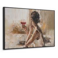 LEINWAND Bilder mit Rahmen - Ölgemälde - Frau - Wein - 140x90 - Hellbraun, Textil (140/90cm) - MuchoWow