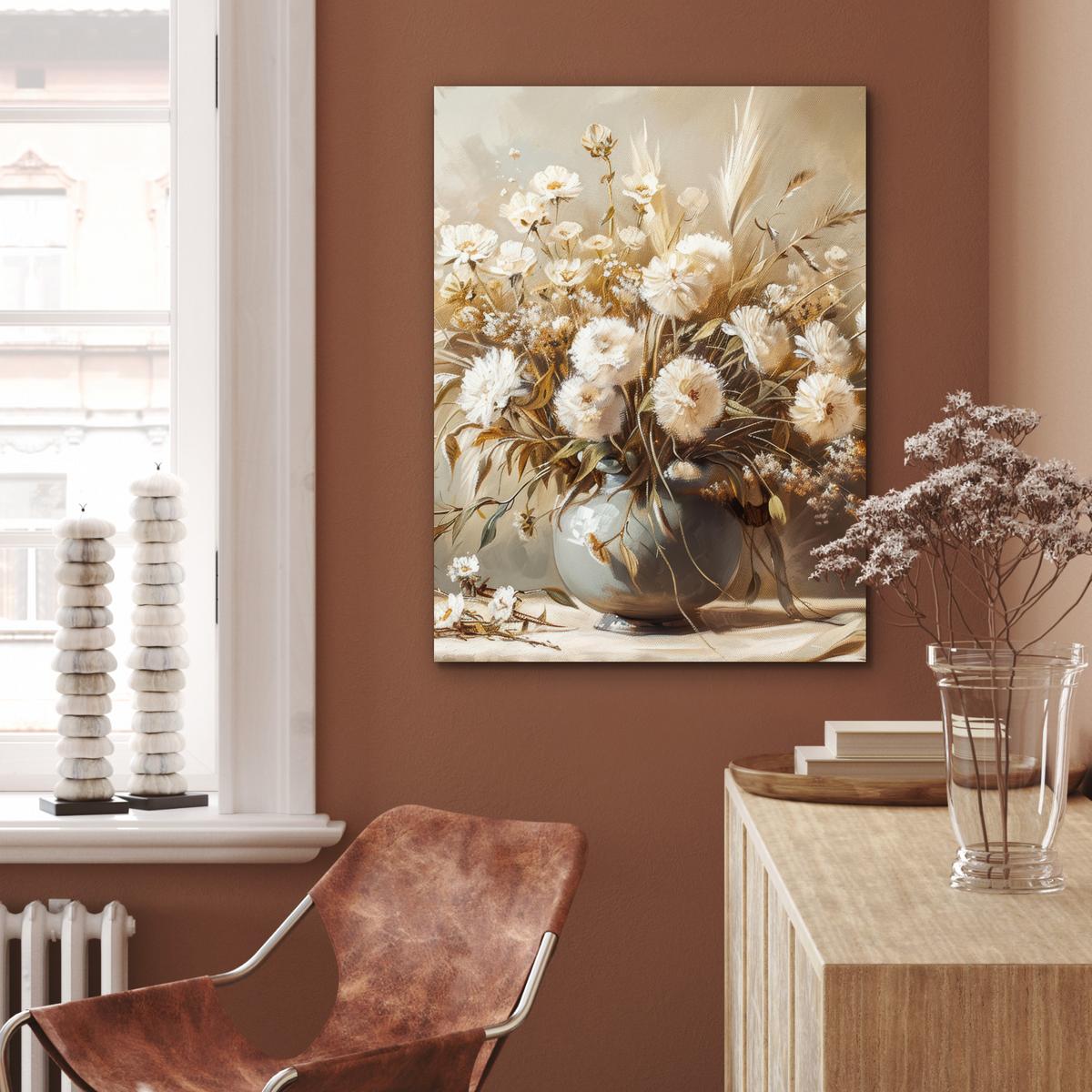 METALLBILD Blumen - Vase - Stilleben - Beige 60x80 cm - Creme, Metall (60/80cm) - MuchoWow