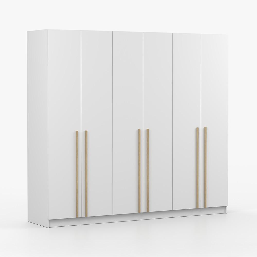 DREHTÜRENSCHRANK SEVILLA 6D 230 cm Weiß/Weiß, 6-türig, Holzgriffe - Eukalyptusholzfarben/Weiß, Holz/Holzwerkstoff (230/210/57cm) - imoebel24