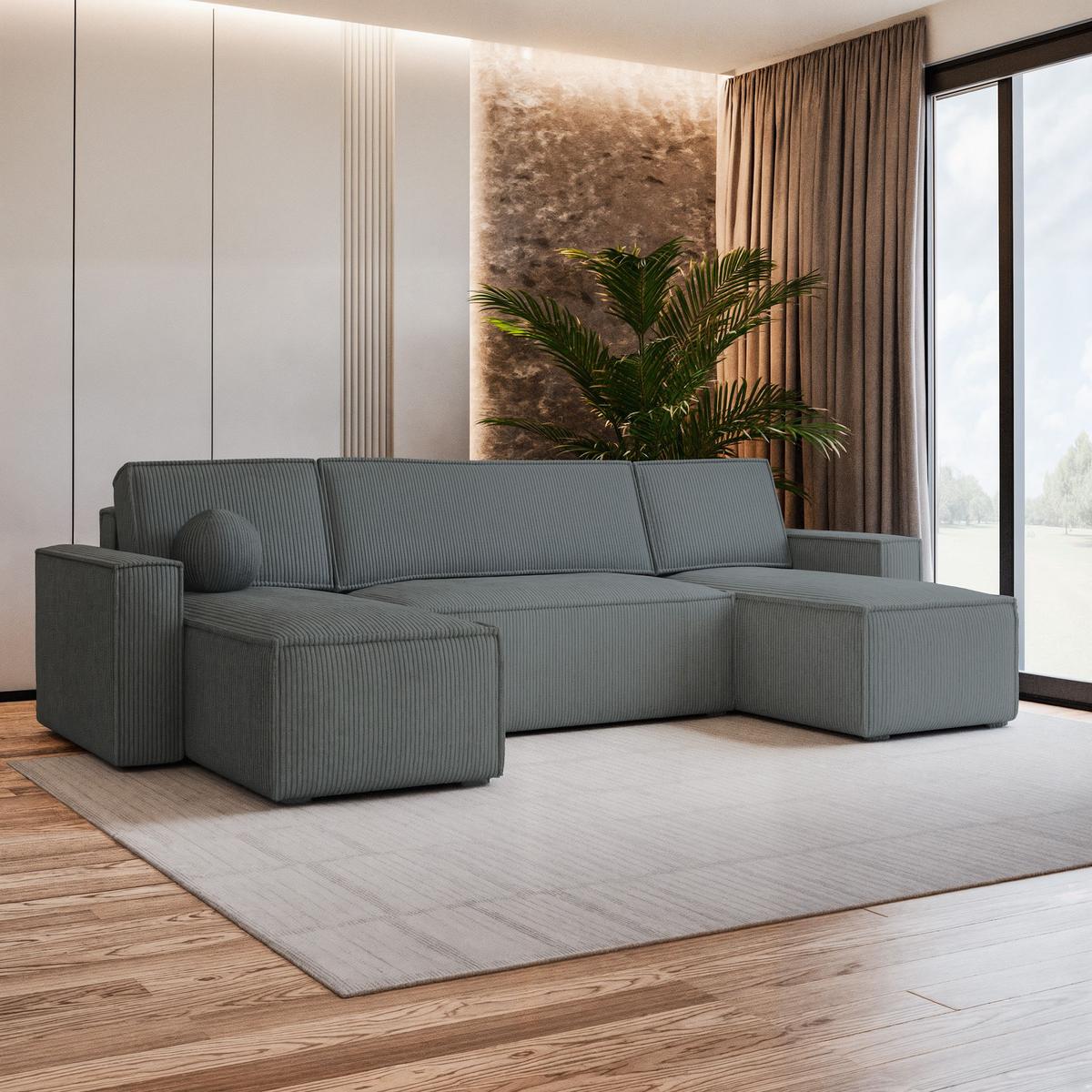 WOHNLANDSCHAFT PESANO P Grau Kordstoff mit Schlaffunktion - Grau, Holz/Kunststoff (306/85/140cm) - MASSENO