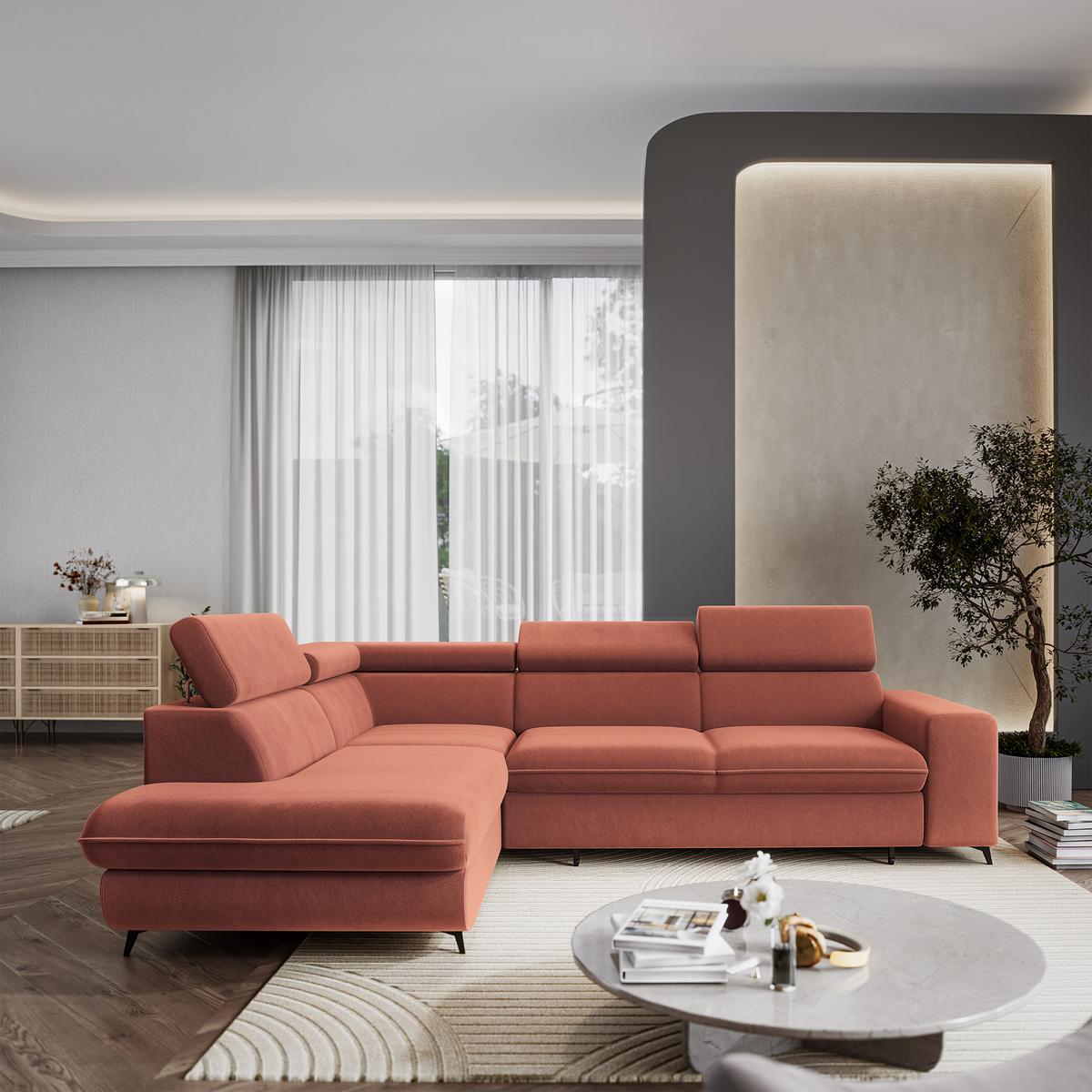ECKSOFA VELISS Koralle Veloursstoff mit Schlaffunktion - Koralle, Holz (255/193cm) - MASSENO