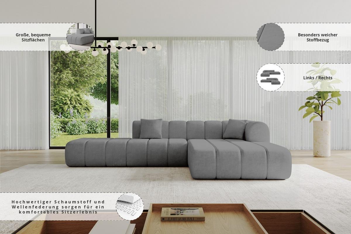 ECKSOFA Ottomane Rechts BILA-L 289x176x71 Grau Samt - Taupe/Schwarz, Holzwerkstoff/Kunststoff (289/176cm) - ALTDECOR