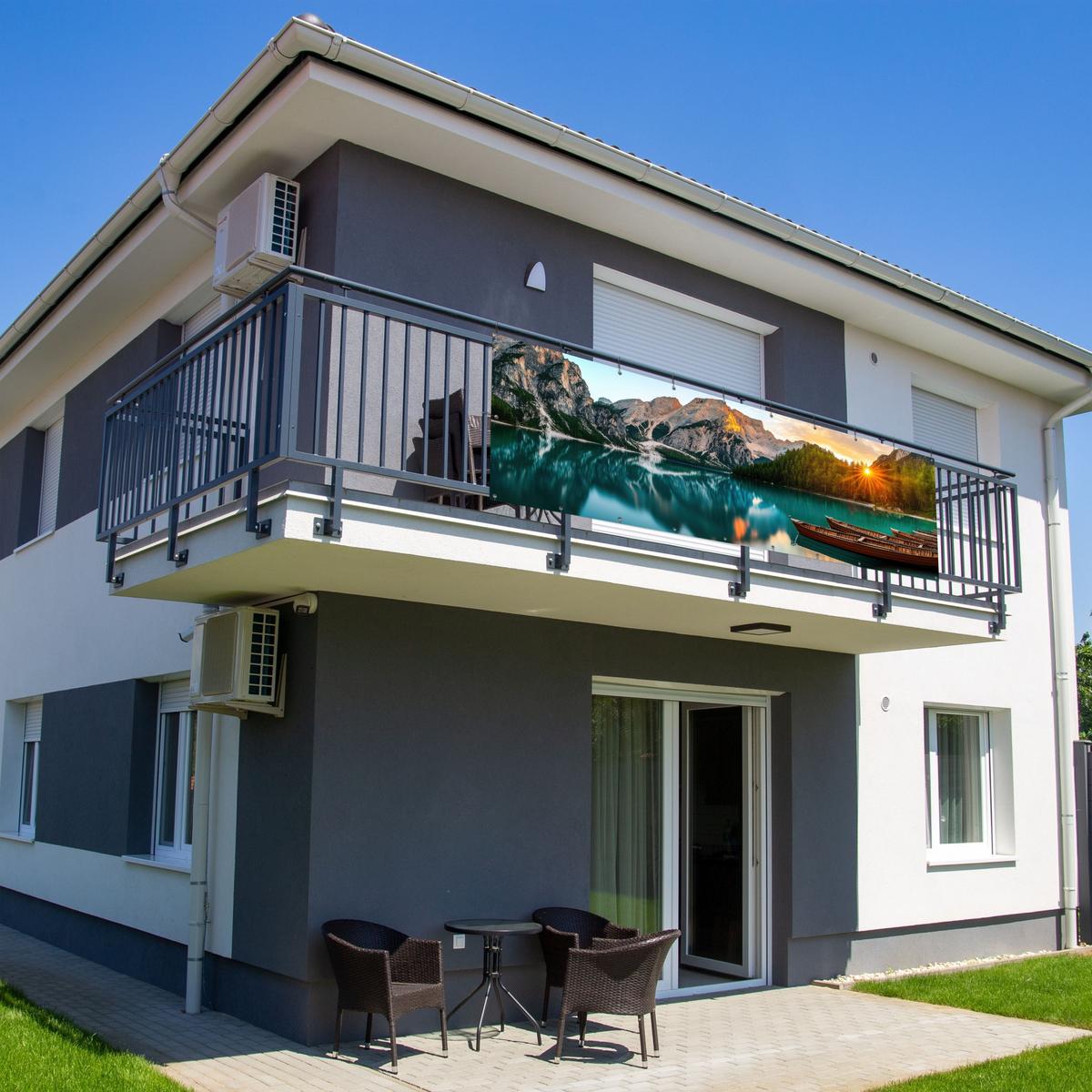 BALKON-SICHTSCHUTZ See - Berge - Sonnenuntergang - Boot Windschutz 300x90 cm - Petrol, Kunststoff (300/90cm) - MuchoWow