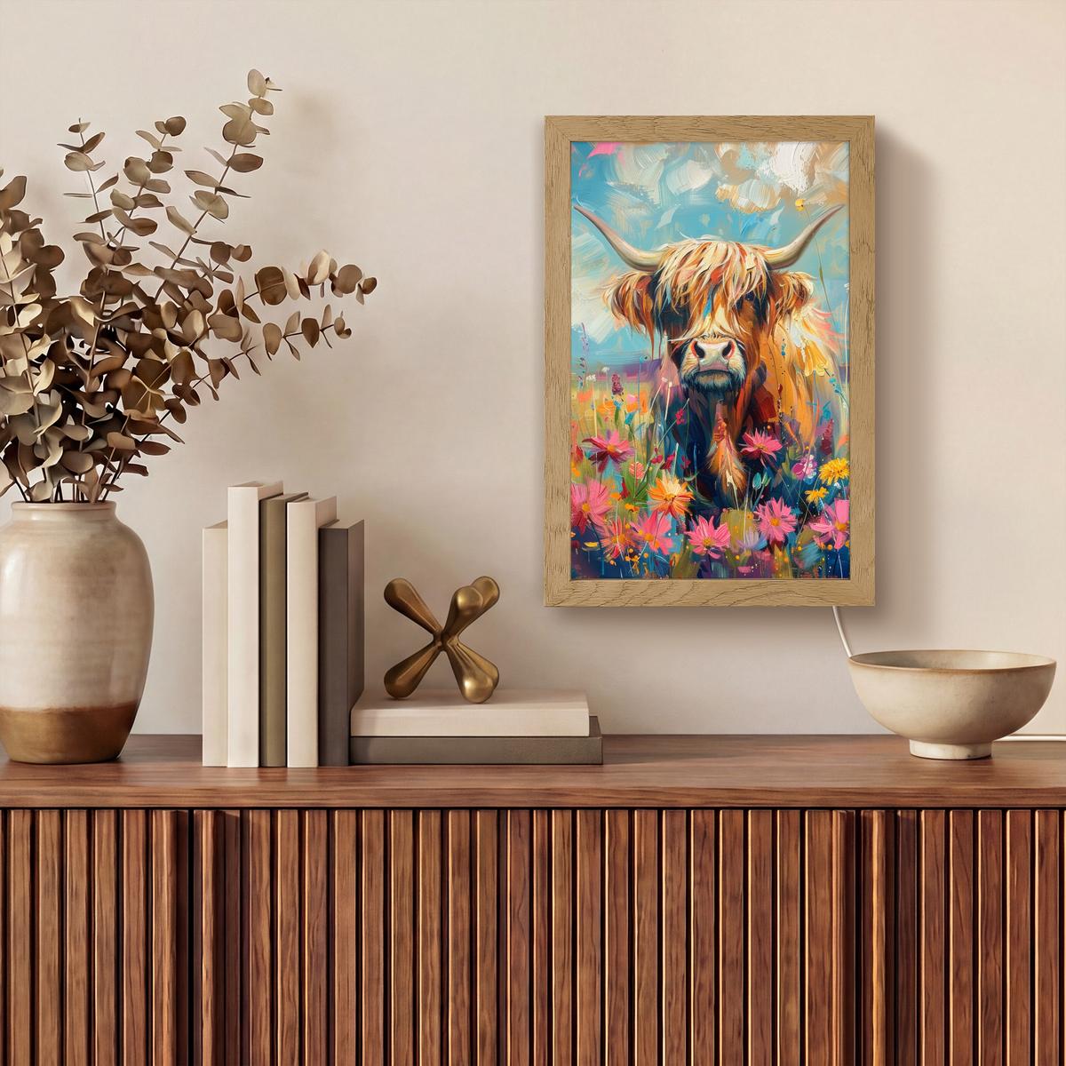 WANDLEUCHTE Schottische Hochländer - Natur - Farbenfroh - Blumen 20x30 cm - Multicolor, Holzwerkstoff (20/30/8cm) - OnlyWow