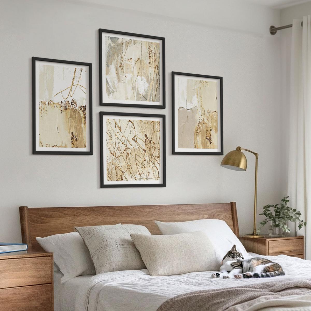 BILDER SET 4er Set - 50x50 cm & 40x60 cm Schwarzer Rahmen - Abstrakte Muster beige weiß - Schwarz, Kunststoff (50/50cm) - TULUP