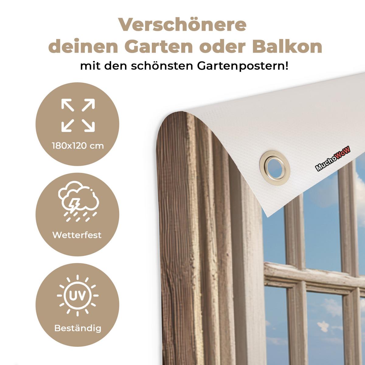 GARTENPOSTER Aussicht - Strand - Fenster - Dünen - Meer Poster für draußen 180x120 cm - Hellblau, Kunststoff (180/120/0.2cm) - OnlyWow