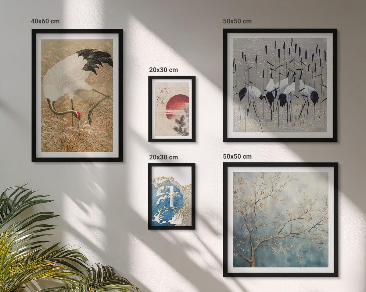 BILDER SET 5er Set - 50x50 cm & 20x30 cm & 40x60 cm Schwarzer Rahmen - Japanische Kraniche Landschaft - Schwarz, Kunststoff (40/60cm) - TULUP