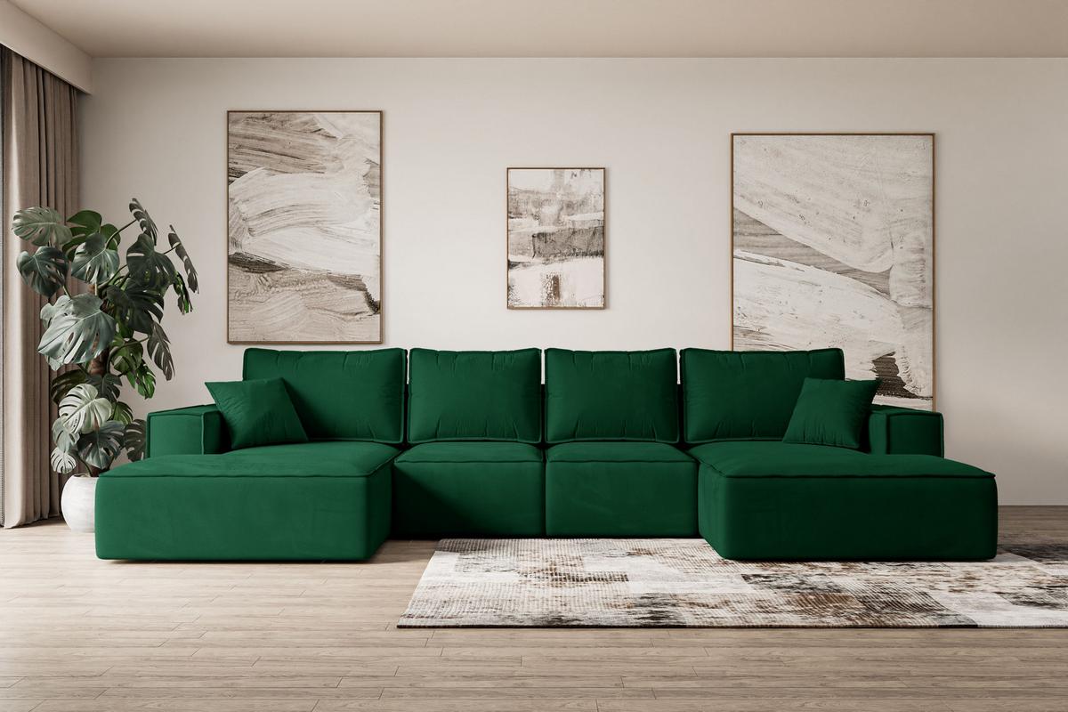WOHNLANDSCHAFT mit Schlaffunktion und Bettkasten SIERRA-U-S - 349x161x87 cm Grün Velours - Schwarz/Grün, Holzwerkstoff/Kunststoff (349/87/161cm) - ALTDECOR