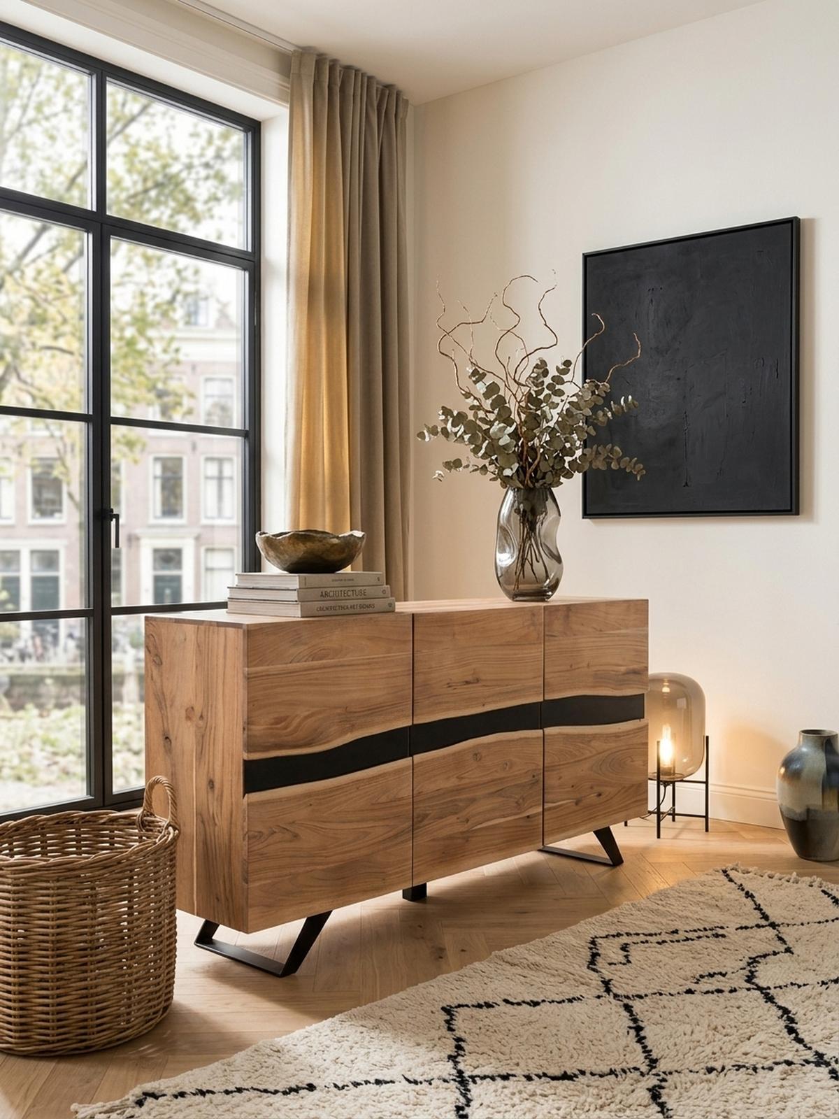 SIDEBOARD – Akazie Massivholz, 148x85x43 cm, Baumkante, Landhausstil, breit - Schwarz/Braun, Akazienholz/Holz (148/85/43cm) - KADIMA DESIGN