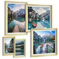 BILDER SET 5er Set - 50x50 cm & 20x30 cm & 40x60 cm Goldrahmen - See Berge Holzboote - Goldfarben, Kunststoff (40/60cm) - TULUP