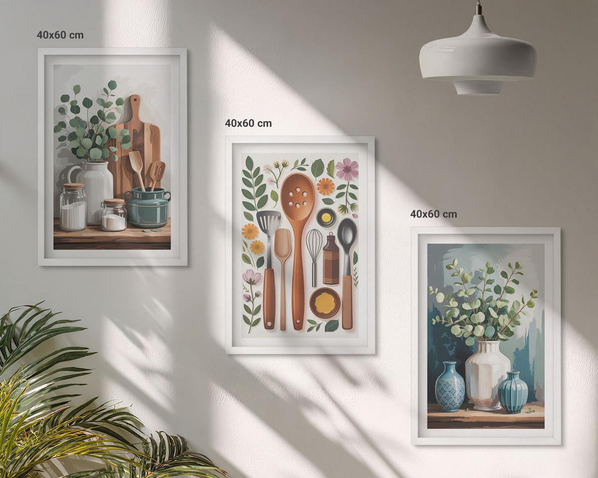 BILDER SET 3er Set - 40x60 cm Weißer Rahmen - Küchenaccessoires auf pflanzlicher Basis - Weiß, Kunststoff (40/60cm) - TULUP