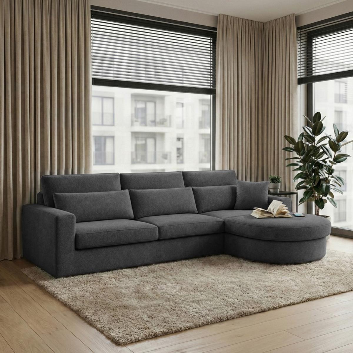ECKSOFA Pablo ohne Schlaffunktion, mit abgerundeter Ottomane, rechts, Dunkelgrau, Velourstoff - Dunkelgrau, Textil (319/196cm) - Beautysofa