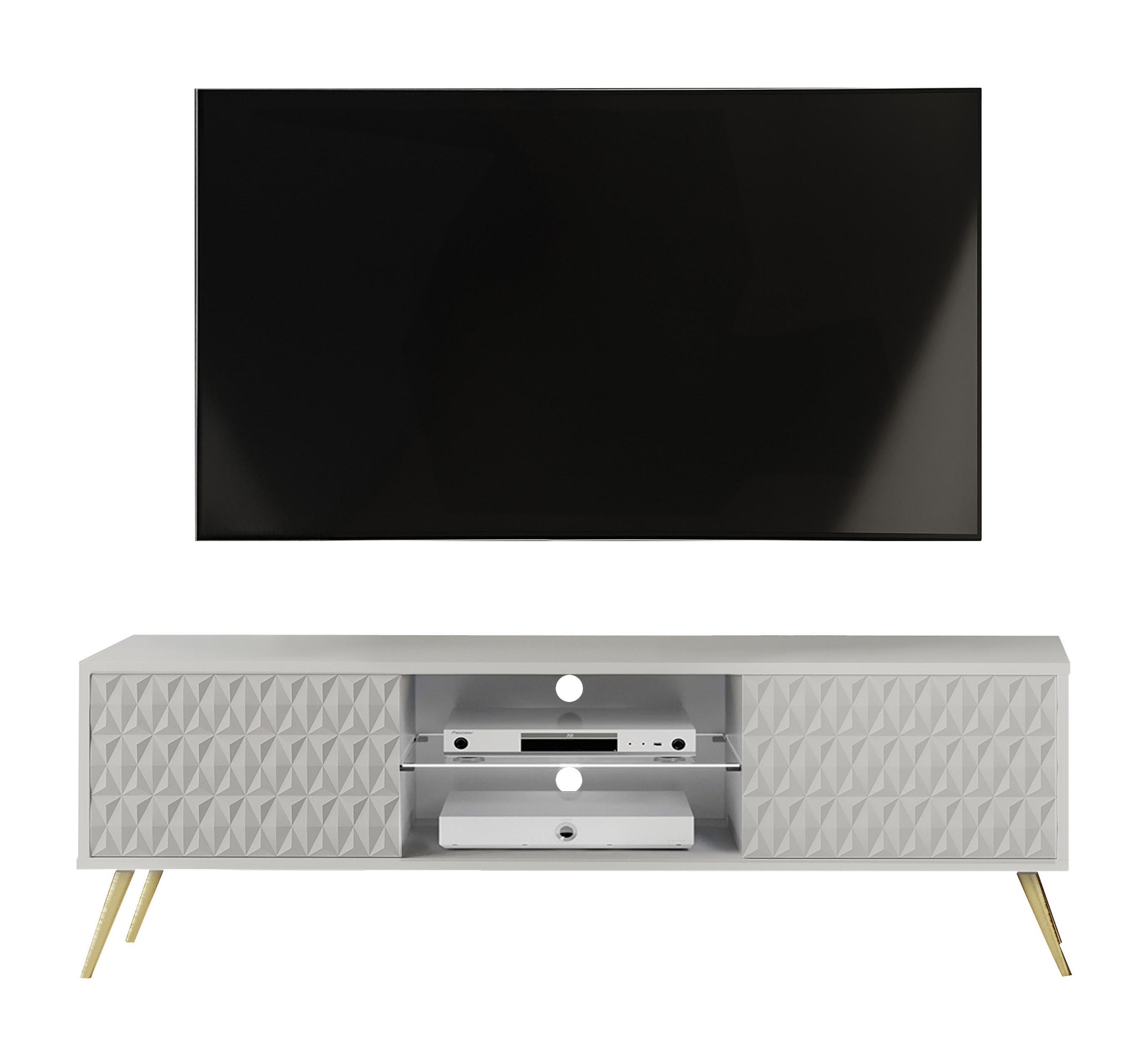 LOWBOARD Delvine 2T Weiß 135/45/31.6 cm – mit offener Ablage und Kabeldurchlass - Goldfarben/Weiß, Holzwerkstoff (135/45/31.6cm) - AX Living