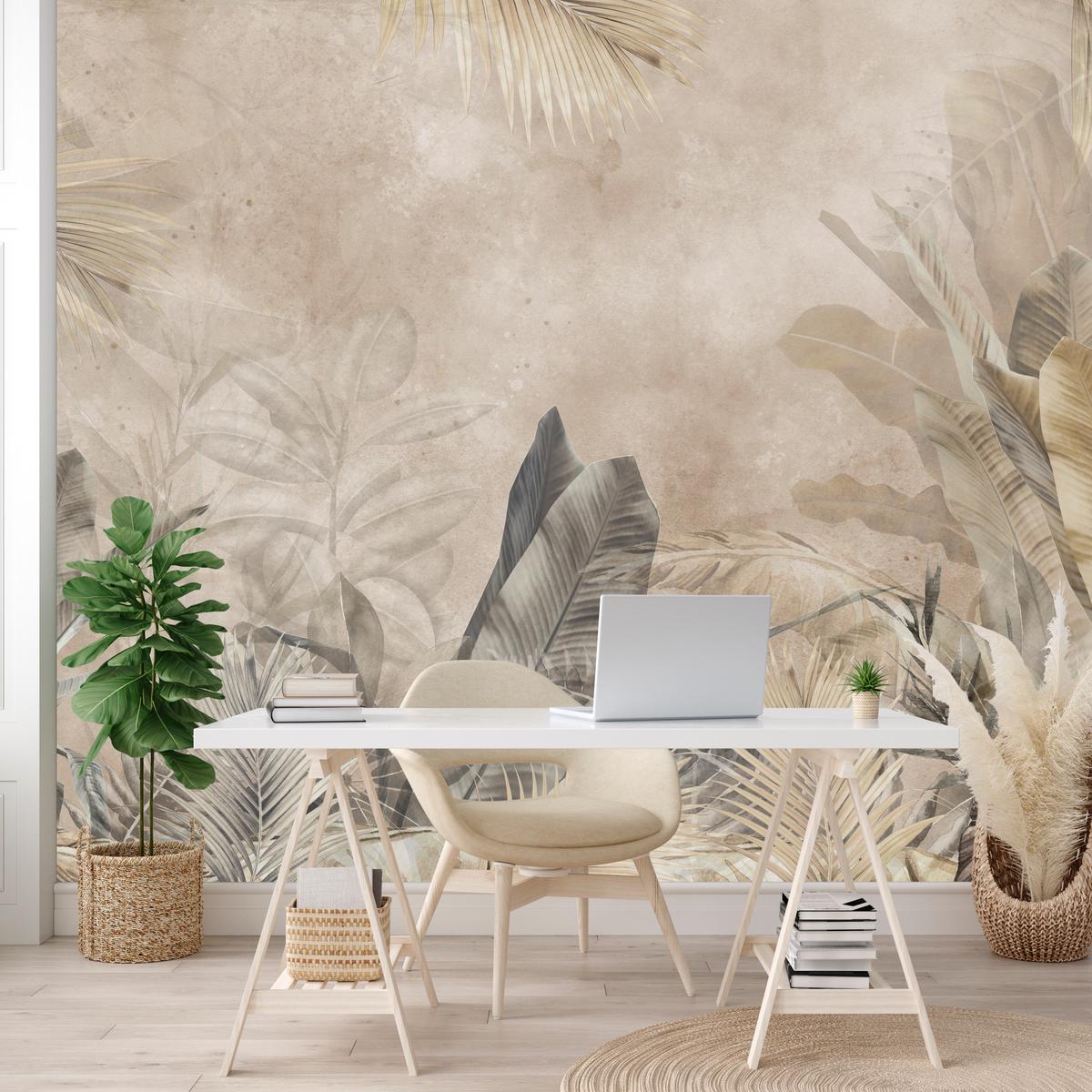 FOTOTAPETE für Schlafzimmer Bananenblätter auf Beton Tropisch Beige 500x350 - Beige/Braun, Papier (500/350cm) - Muralo