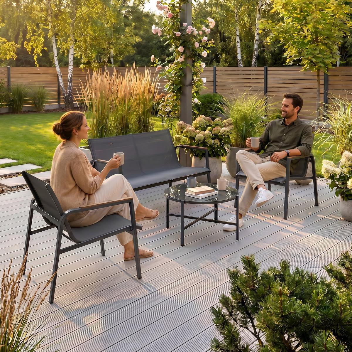 GARTENSET Thaiti, 2-Sitzer-Sofa + 2 Sessel + Couchtisch, Polywood-Armlehnen, Dunkelgrau - Dunkelgrau, Metall - Beautysofa