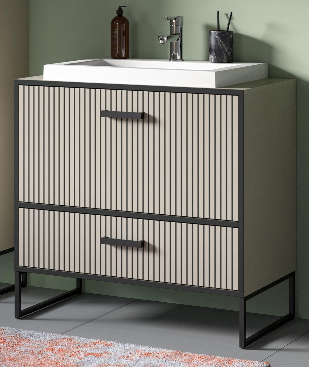 WASCHTISCHKOMBI Waschbeckenunterschrank mit Waschbecken, Sand Schwarz, Soft-Close - Sandfarben/Schwarz, Keramik/Holzwerkstoff (80/84/48cm) - Inn.Furn