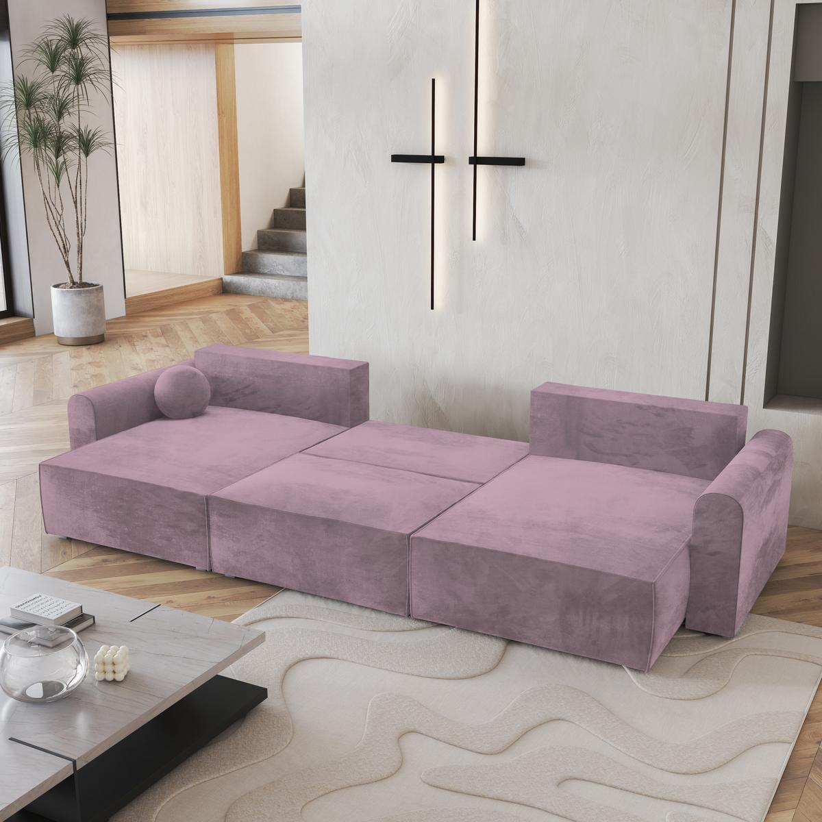 WOHNLANDSCHAFT FENTO M Lila Velours-Stoff mit Schlaffunktion - Lila/Grau, Holz/Kunststoff (347/90/148cm) - MASSENO