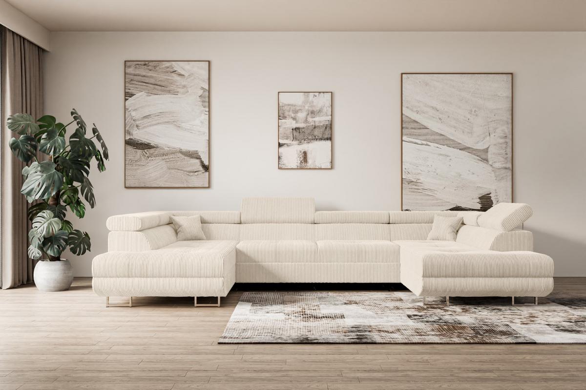 WOHNLANDSCHAFT mit Schlaffunktion und Bettkasten GUSA-U 342x202x107 cm Beige Cord - Beige/Silberfarben, Holzwerkstoff/Textil (342/107/202cm) - ALTDECOR