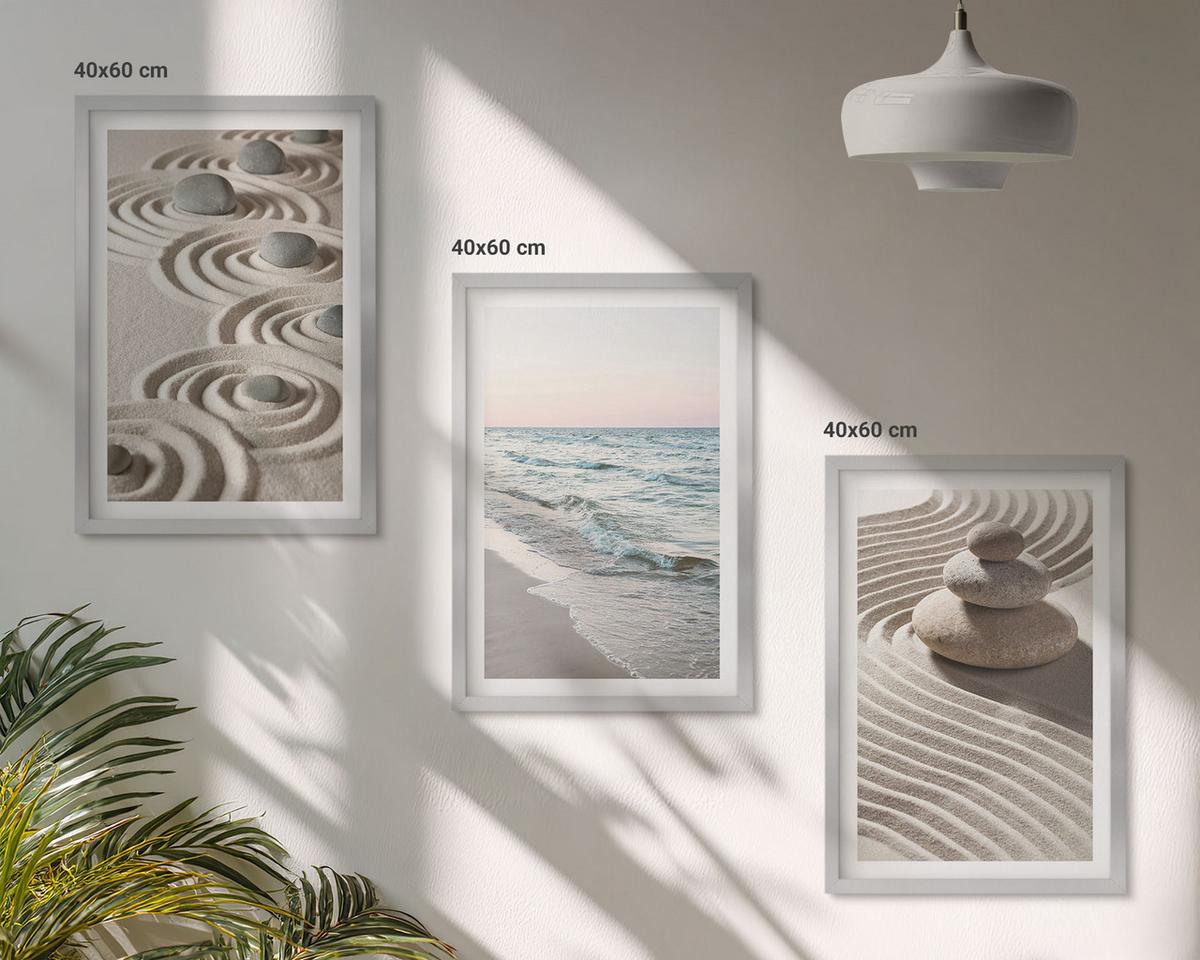 BILDER SET 3er Set - 40x60 cm Silberner Rahmen - Wellen, Sand, Wasser, Steine, Strand - Silberfarben, Kunststoff (40/60cm) - TULUP