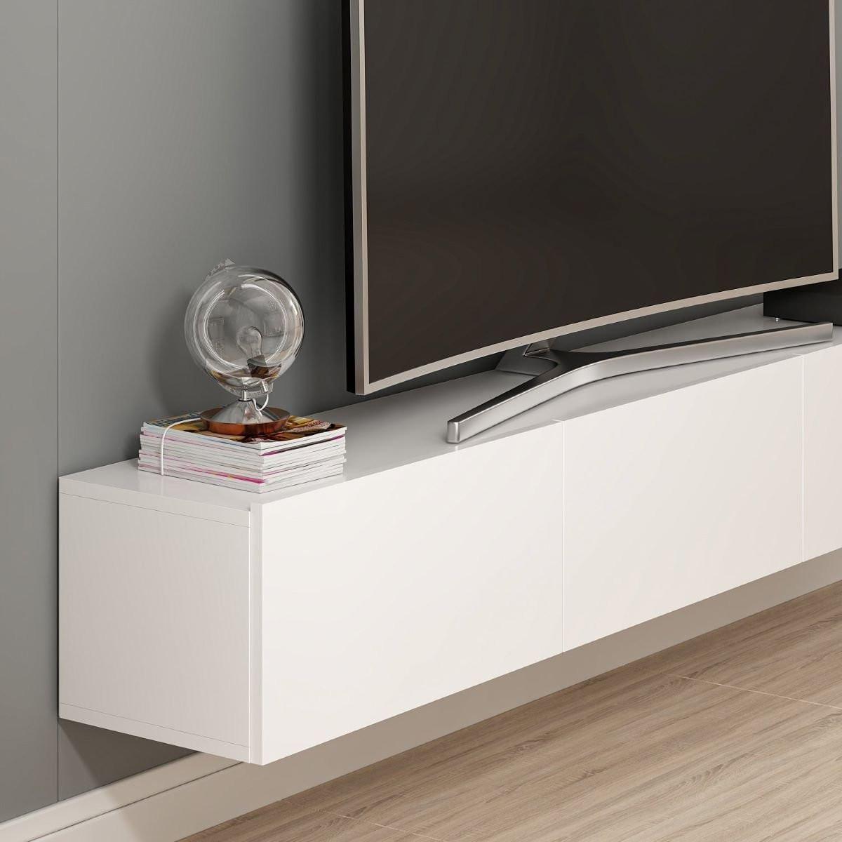 SCHWEBENDER TV-Schrank mit 3 weißen Türen, Länge 180 cm - Rigel - Weiß, Holzwerkstoff (32/30/180cm) - Calicosy